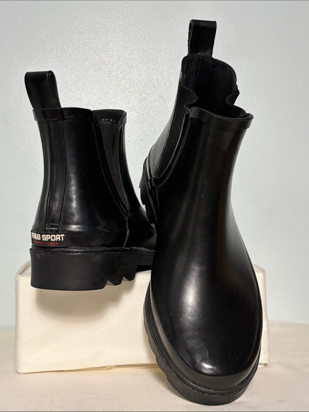 Vintage Polo Sport Ralph Lauren Sleek Black Rain Boots Chelsea. Size-10
